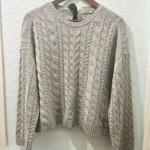J. Crew‎ Heather Gray Cable Knit Sweater with Sweet Black Satin Bow Tie On Back